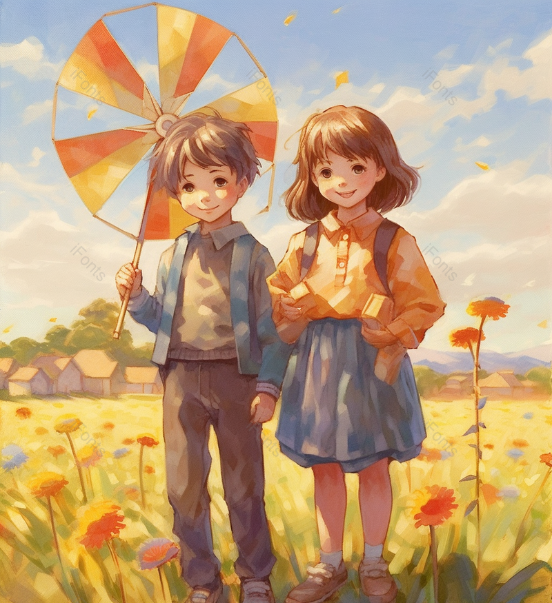 郊外农家草坪儿童兄妹同学朋友小朋友孩子风车两人插画,插画/手绘图,插画/手绘图库,插画/手绘图下载,插画/手绘